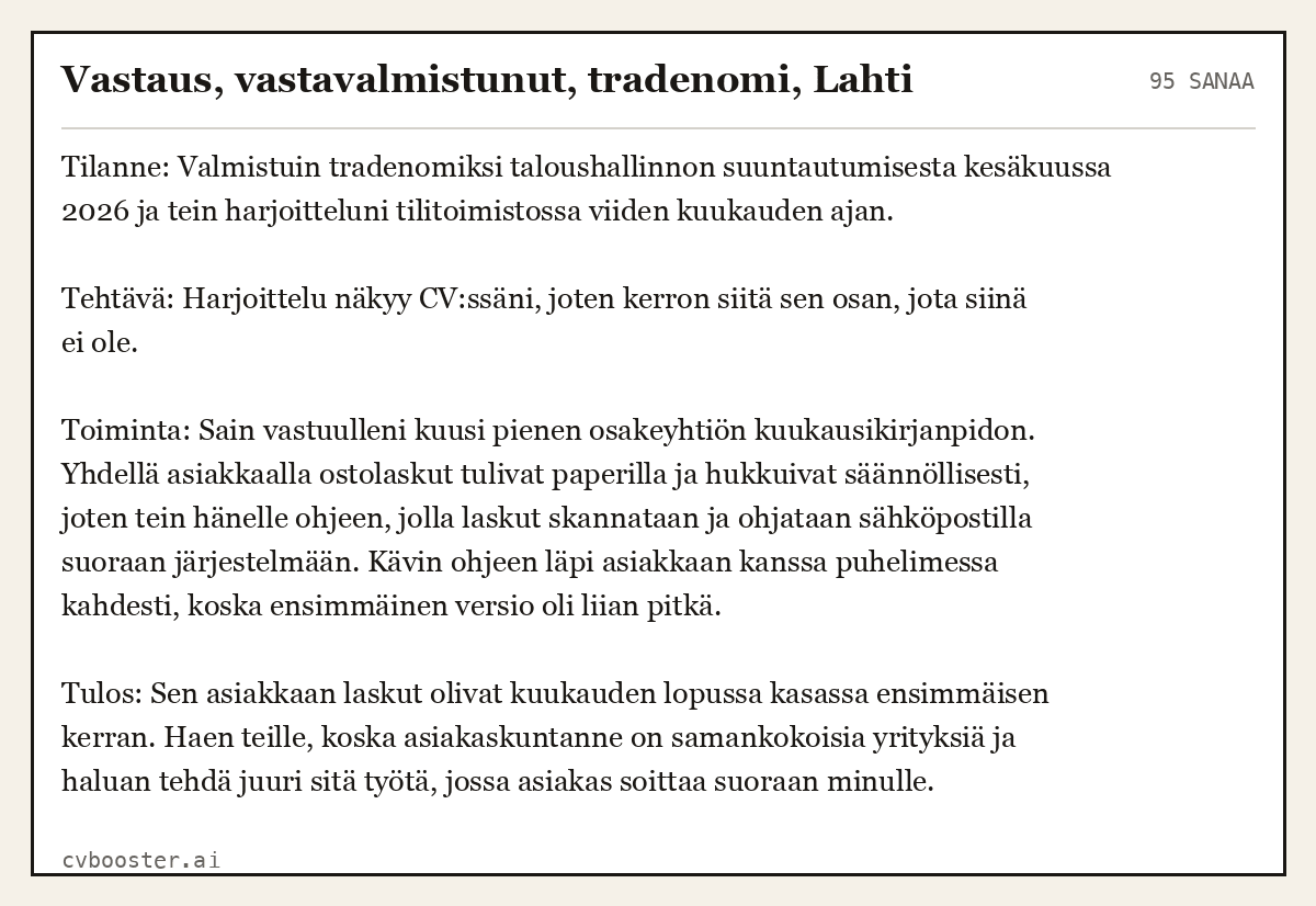 Valmis esimerkki: Vastaus, vastavalmistunut, tradenomi, Lahti, 95 sanaa