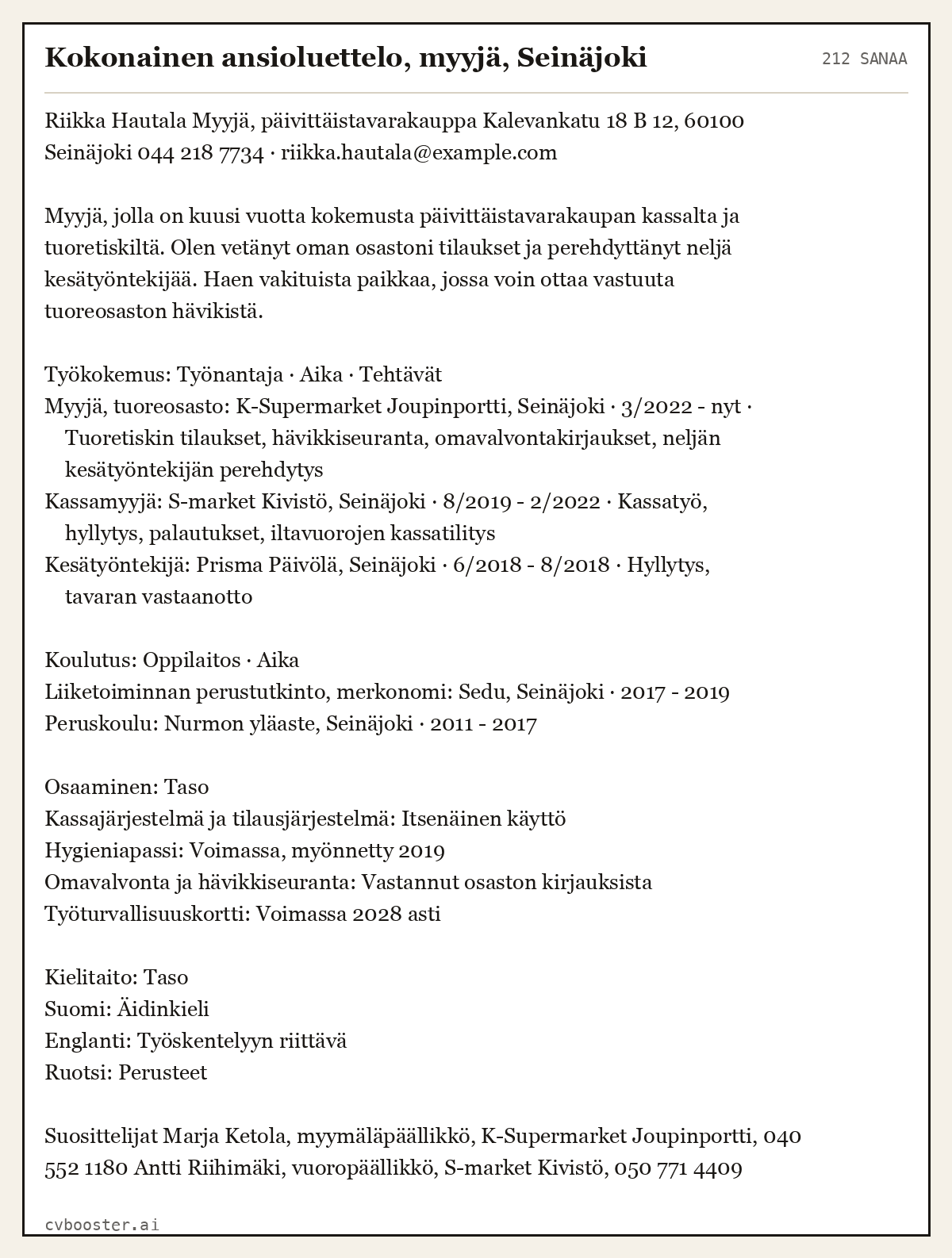 Valmis esimerkki: Kokonainen ansioluettelo, myyjä, Seinäjoki, 212 sanaa