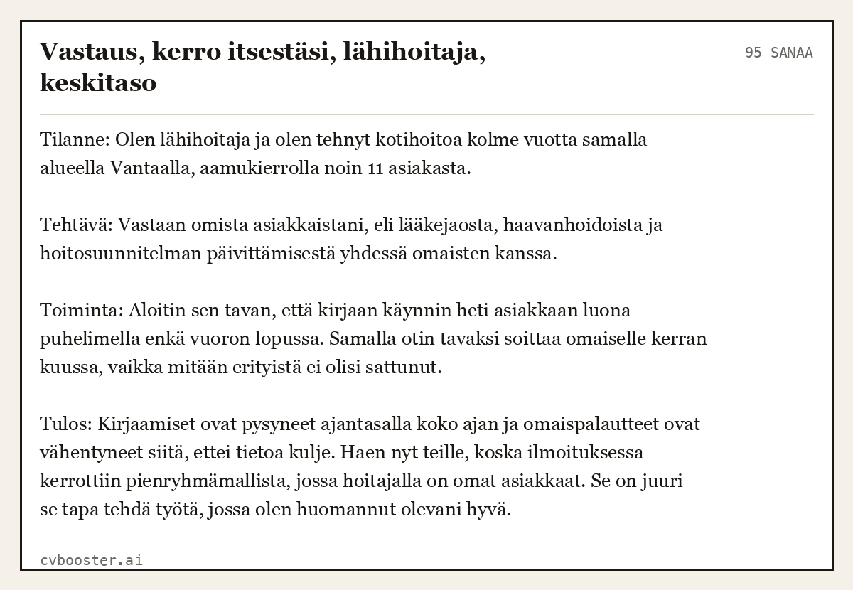 Valmis esimerkki: Vastaus, kerro itsestäsi, lähihoitaja, keskitaso, 95 sanaa