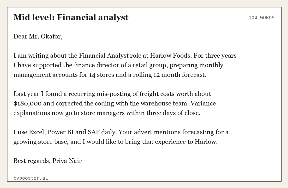 Complete Mid level: Financial analyst example, 104 words, laid out as it would sit in the application form
