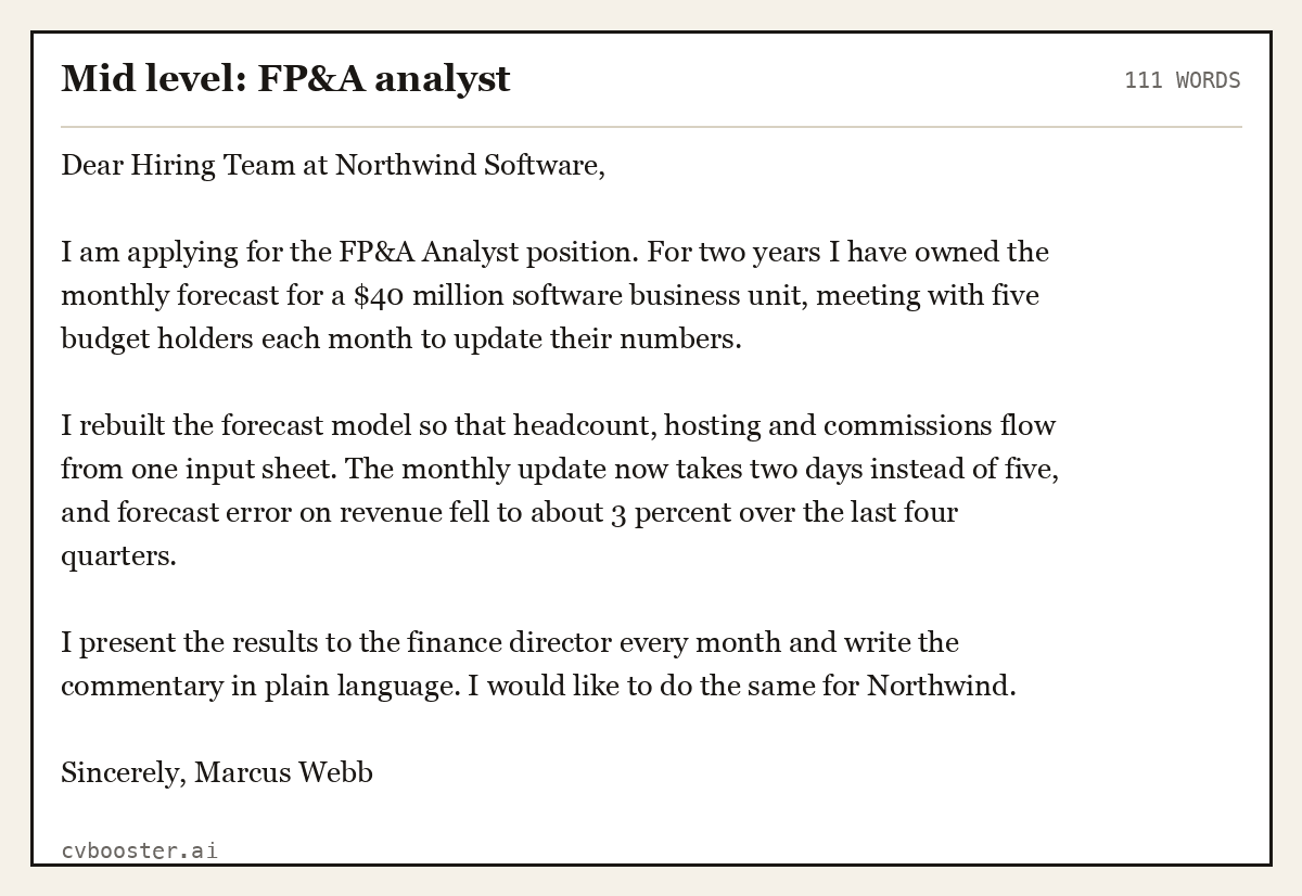 Complete Mid level: FP&A analyst example, 111 words, laid out as it would sit in the application form