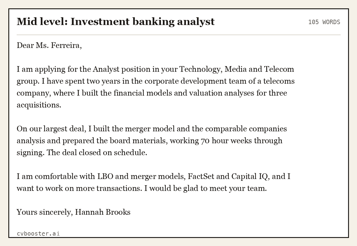 Complete Mid level: Investment banking analyst example, 105 words, laid out as it would sit in the application form