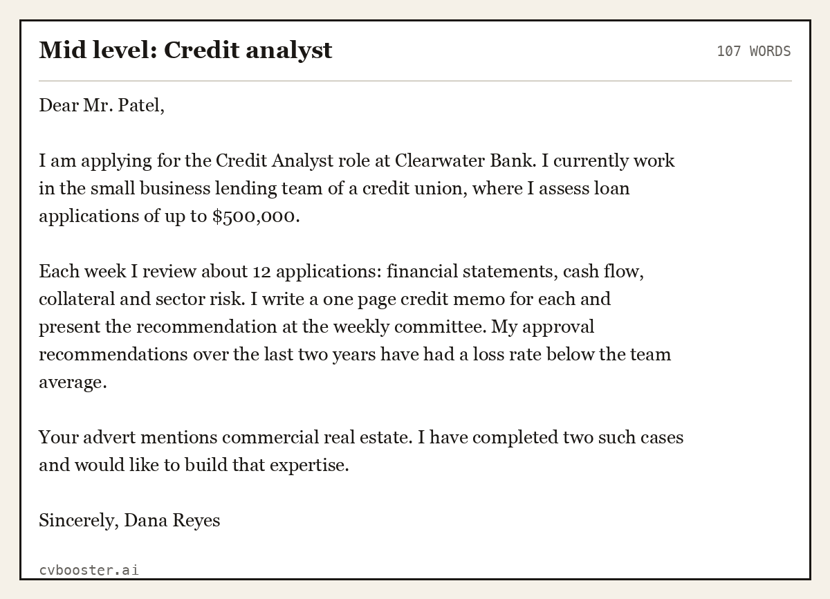 Complete Mid level: Credit analyst example, 107 words, laid out as it would sit in the application form