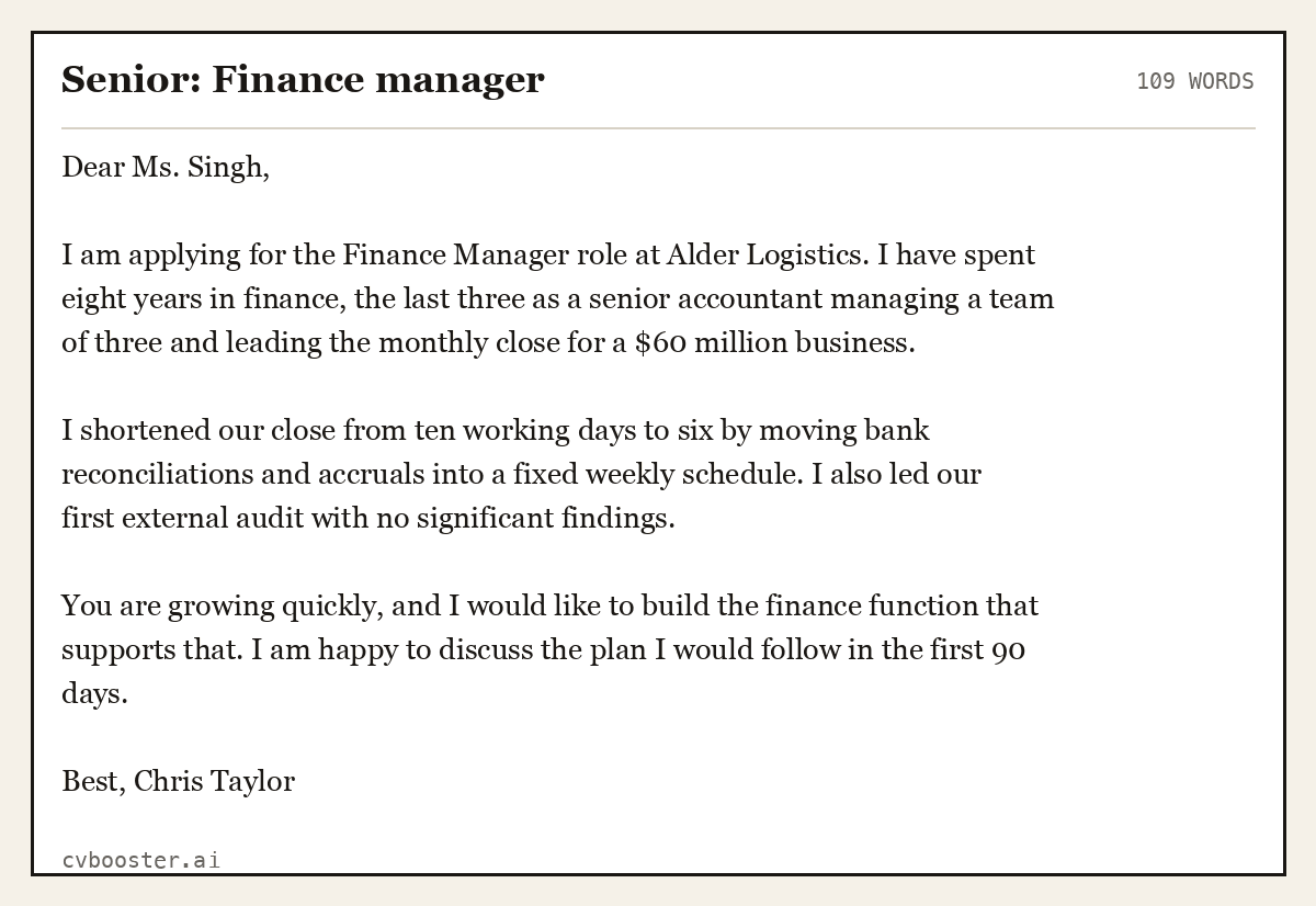Complete Senior: Finance manager example, 109 words, laid out as it would sit in the application form