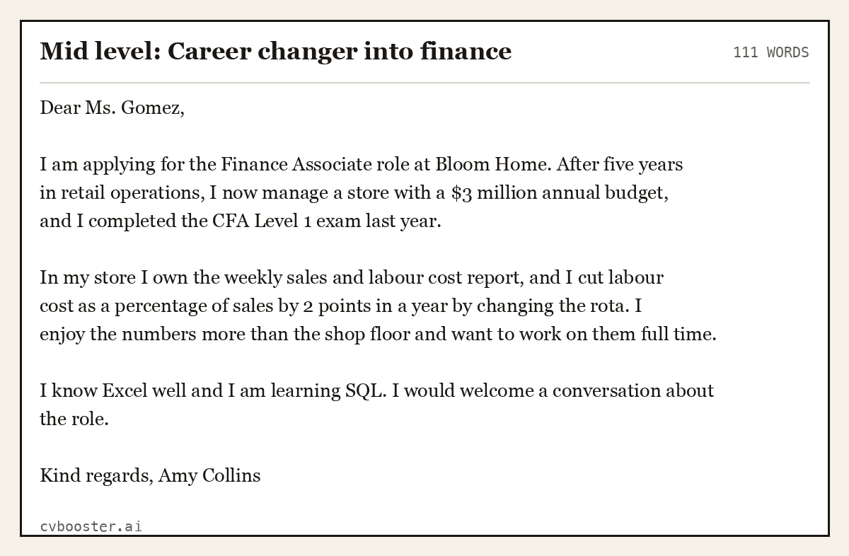 Complete Mid level: Career changer into finance example, 111 words, laid out as it would sit in the application form
