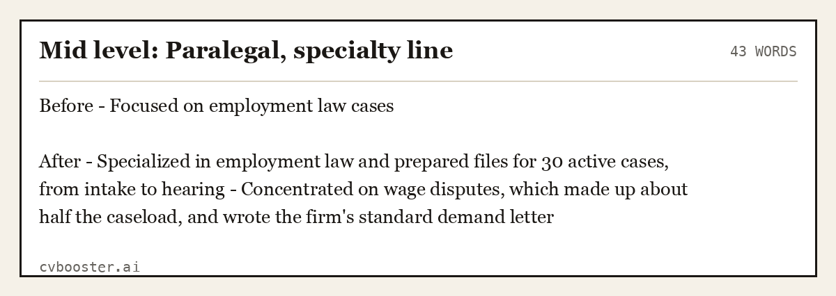 Complete Mid level: Paralegal, specialty line example, 43 words, laid out as it would sit in the application form
