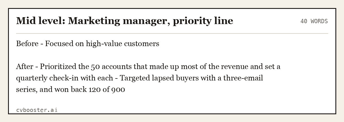 Complete Mid level: Marketing manager, priority line example, 40 words, laid out as it would sit in the application form