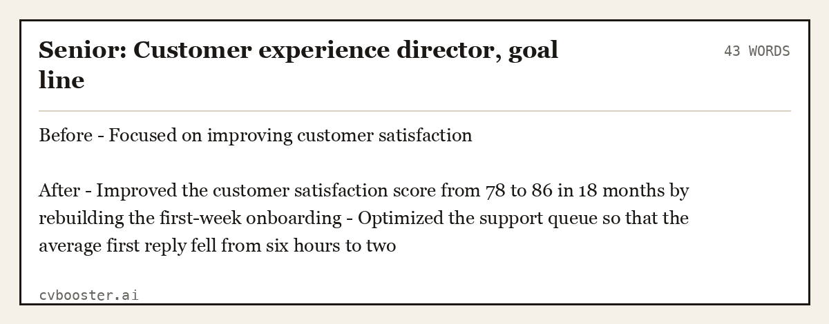 Complete Senior: Customer experience director, goal line example, 43 words, laid out as it would sit in the application form