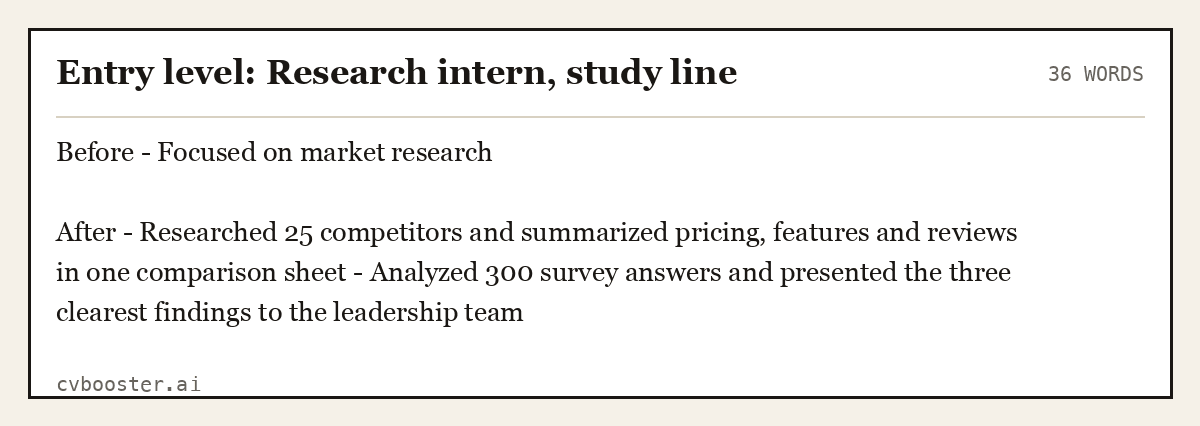 Complete Entry level: Research intern, study line example, 36 words, laid out as it would sit in the application form
