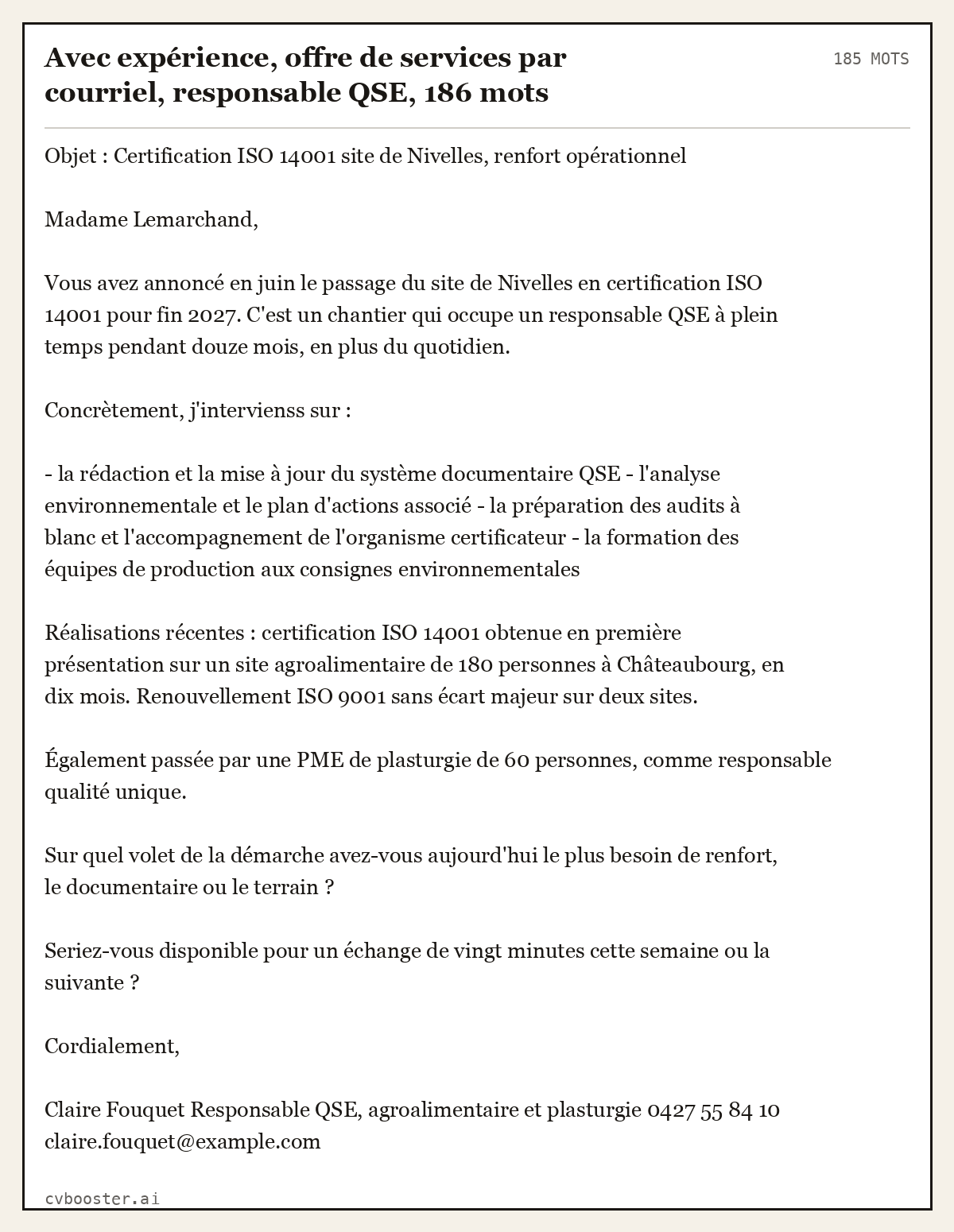 Exemple complet: Avec expérience, offre de services par courriel, responsable QSE, 186 mots, 185 mots