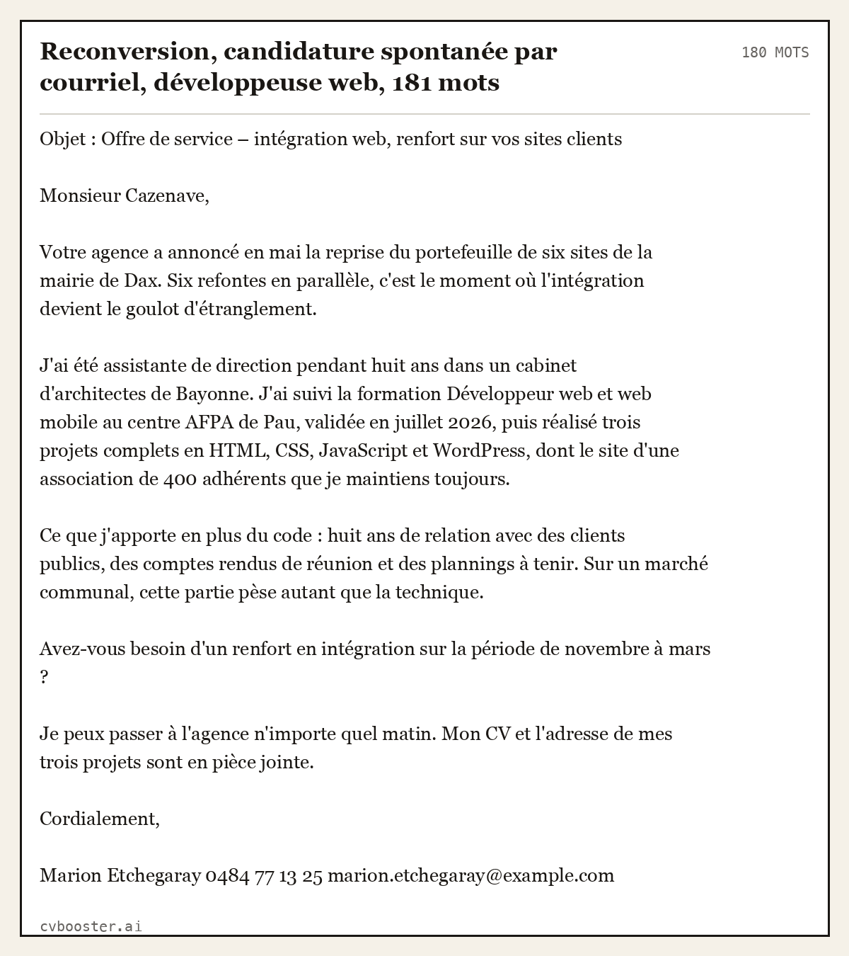 Exemple complet: Reconversion, candidature spontanée par courriel, développeuse web, 181 mots, 180 mots