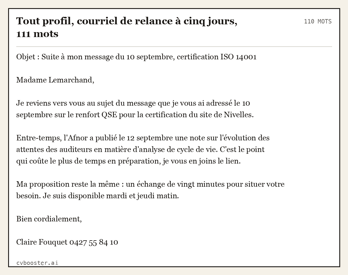 Exemple complet: Tout profil, courriel de relance à cinq jours, 111 mots, 110 mots