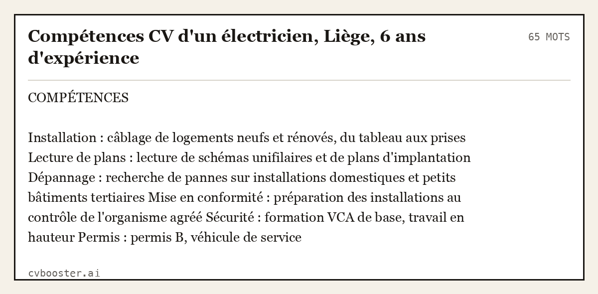 Exemple complet: Compétences CV d'un électricien, Liège, 6 ans d'expérience, 65 mots
