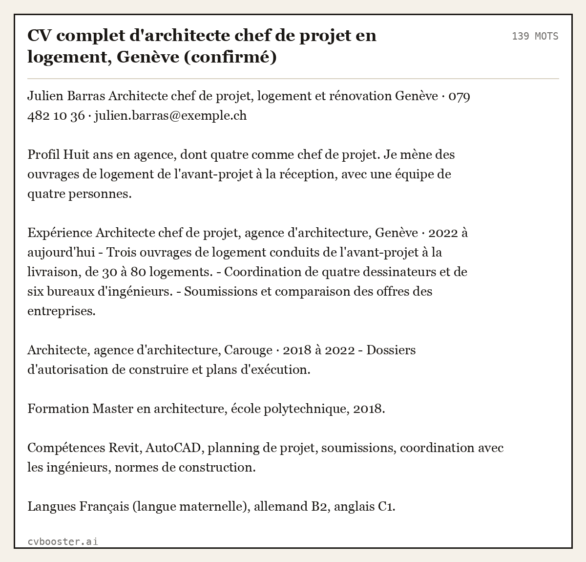 Exemple complet: CV complet d'architecte chef de projet en logement, Genève (confirmé), 139 mots