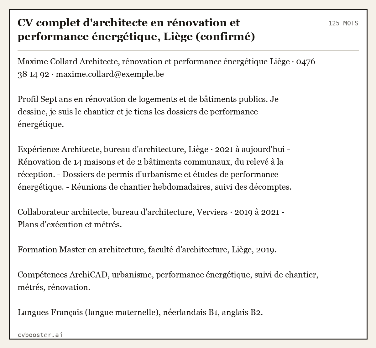 Exemple complet: CV complet d'architecte en rénovation et performance énergétique, Liège (confirmé), 125 mots