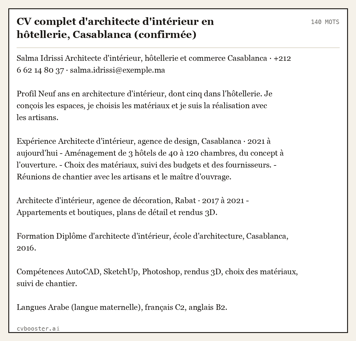 Exemple complet: CV complet d'architecte d'intérieur en hôtellerie, Casablanca (confirmée), 140 mots