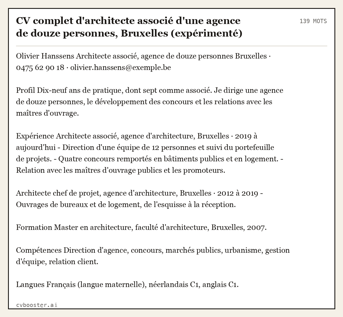 Exemple complet: CV complet d'architecte associé d'une agence de douze personnes, Bruxelles (expérimenté), 139 mots