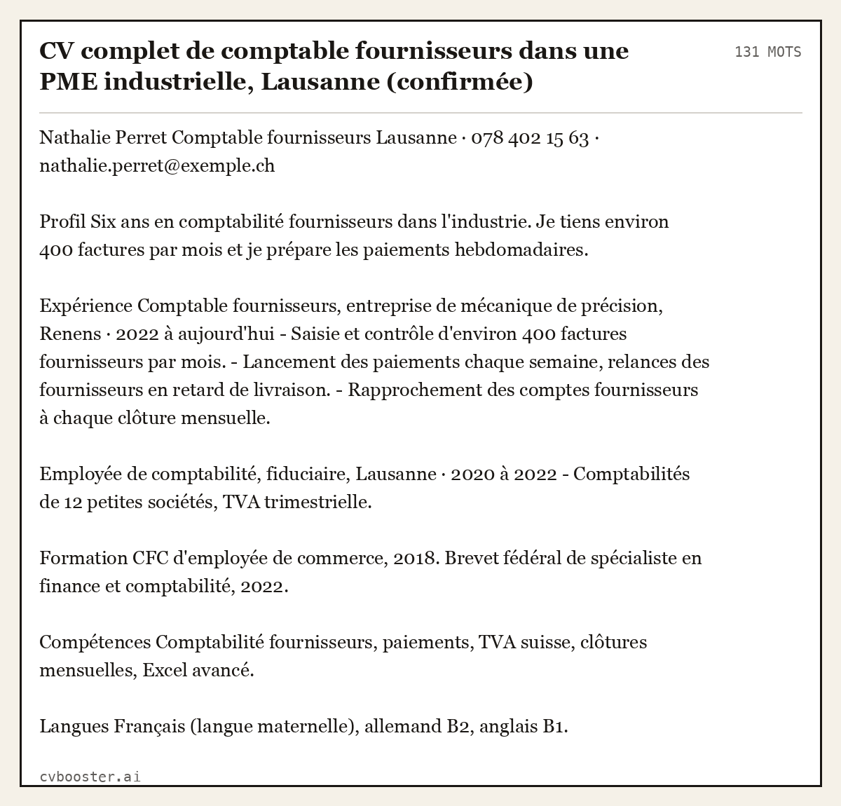Exemple complet: CV complet de comptable fournisseurs dans une PME industrielle, Lausanne (confirmée), 131 mots