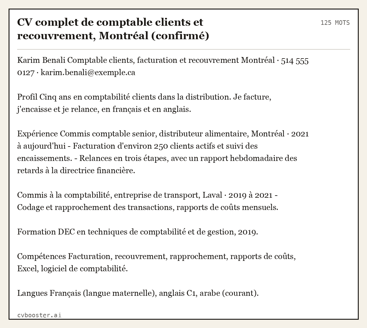 Exemple complet: CV complet de comptable clients et recouvrement, Montréal (confirmé), 125 mots