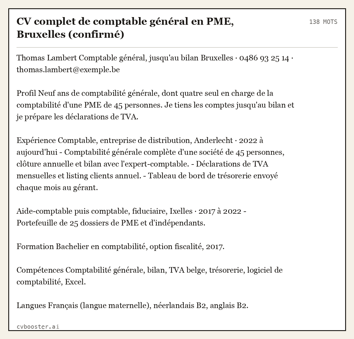 Exemple complet: CV complet de comptable général en PME, Bruxelles (confirmé), 138 mots