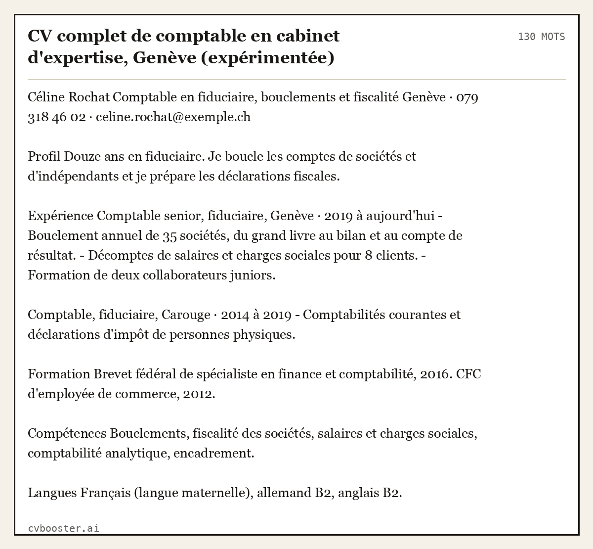 Exemple complet: CV complet de comptable en cabinet d'expertise, Genève (expérimentée), 130 mots