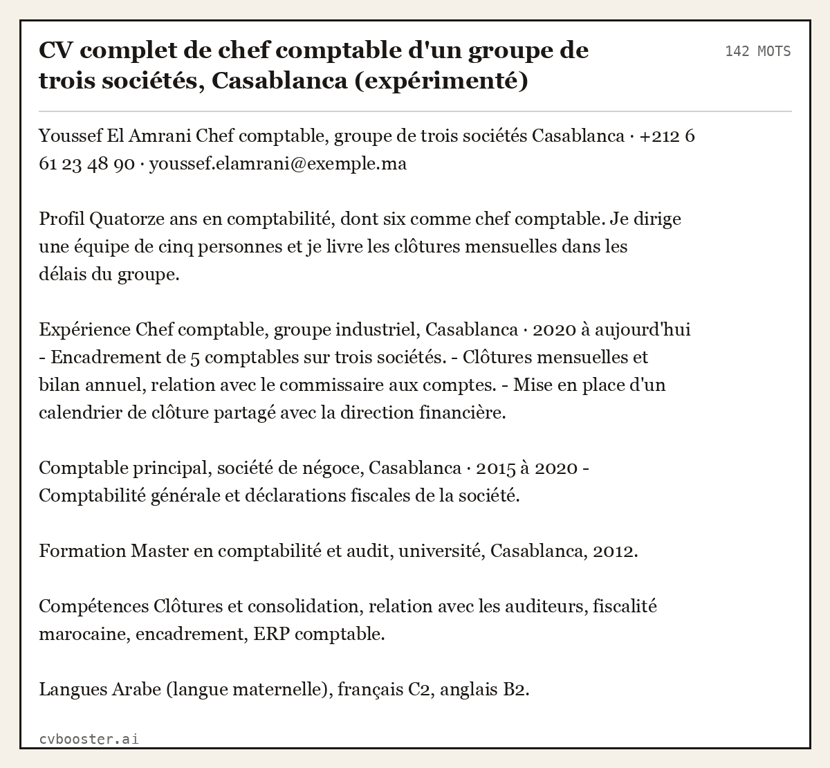 Exemple complet: CV complet de chef comptable d'un groupe de trois sociétés, Casablanca (expérimenté), 142 mots