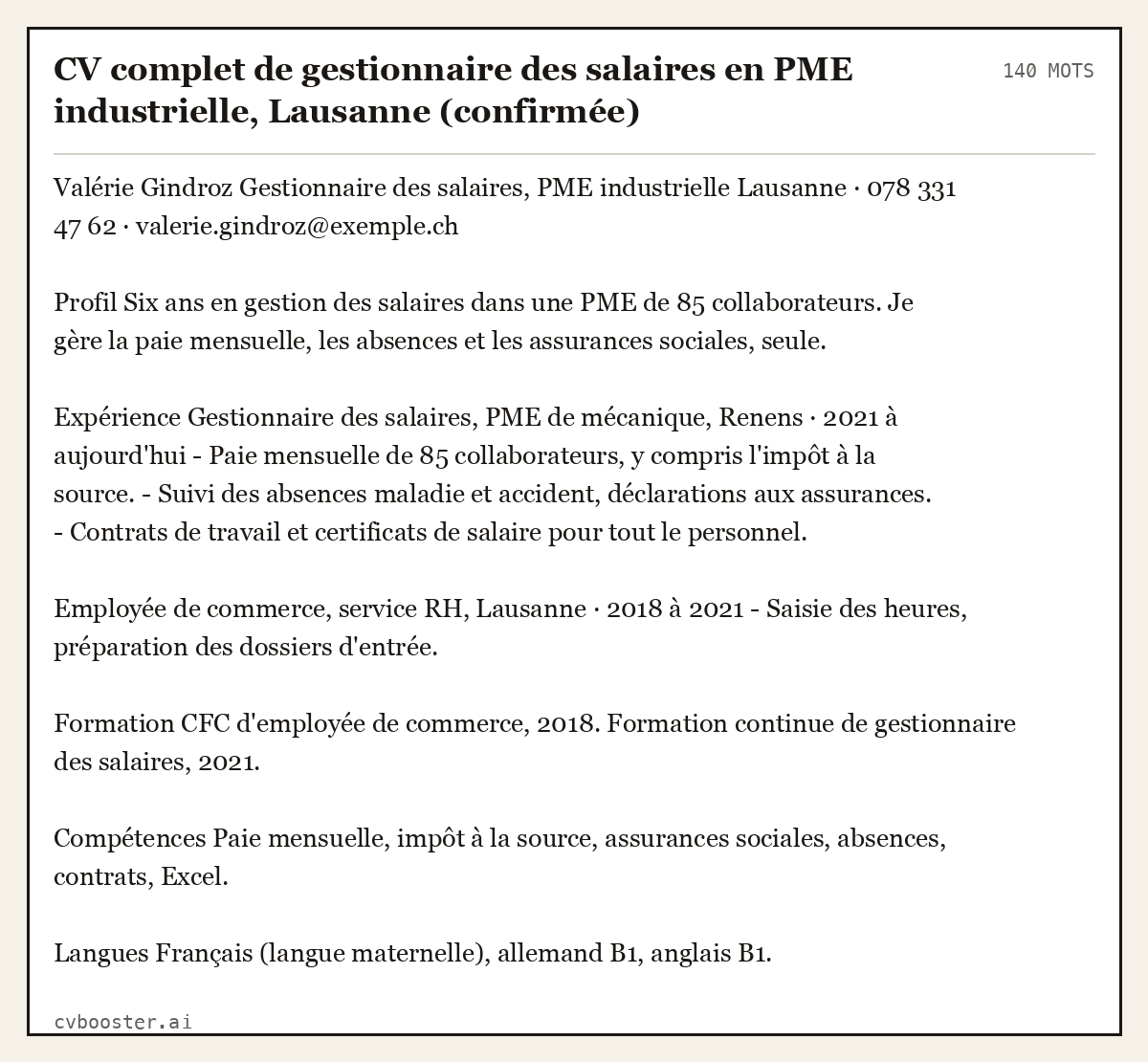 Exemple complet: CV complet de gestionnaire des salaires en PME industrielle, Lausanne (confirmée), 140 mots