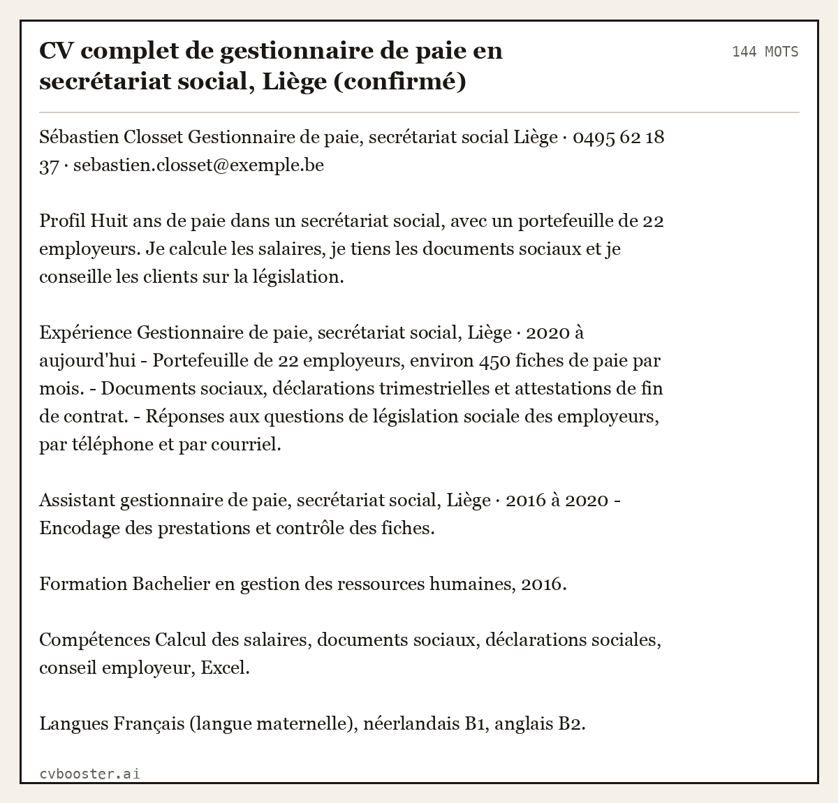 Exemple complet: CV complet de gestionnaire de paie en secrétariat social, Liège (confirmé), 144 mots