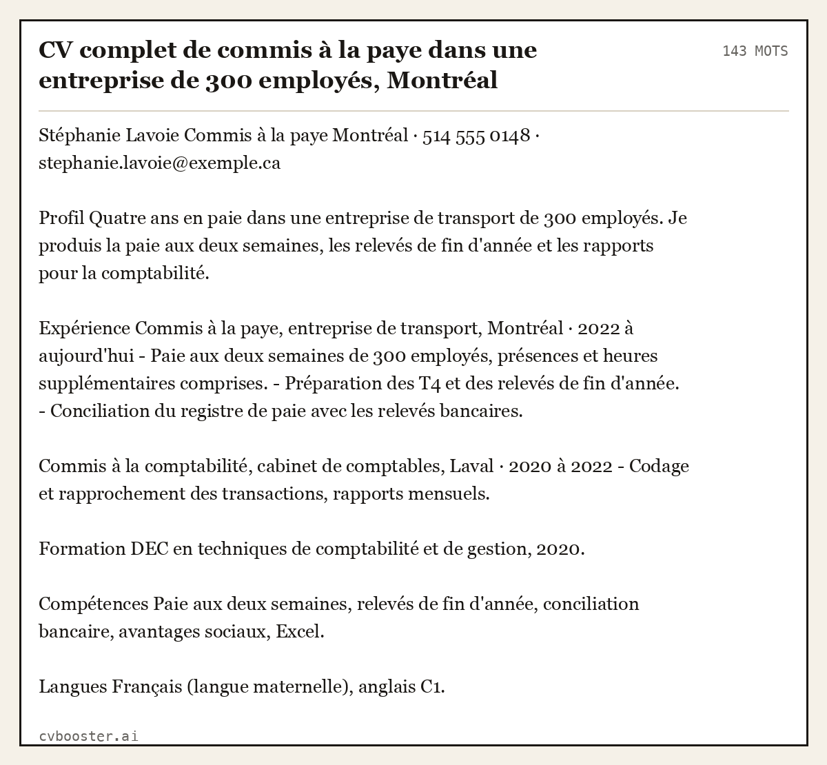 Exemple complet: CV complet de commis à la paye dans une entreprise de 300 employés, Montréal (confirmée), 143 mots