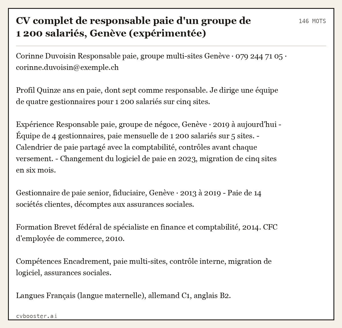 Exemple complet: CV complet de responsable paie d'un groupe de 1 200 salariés, Genève (expérimentée), 146 mots