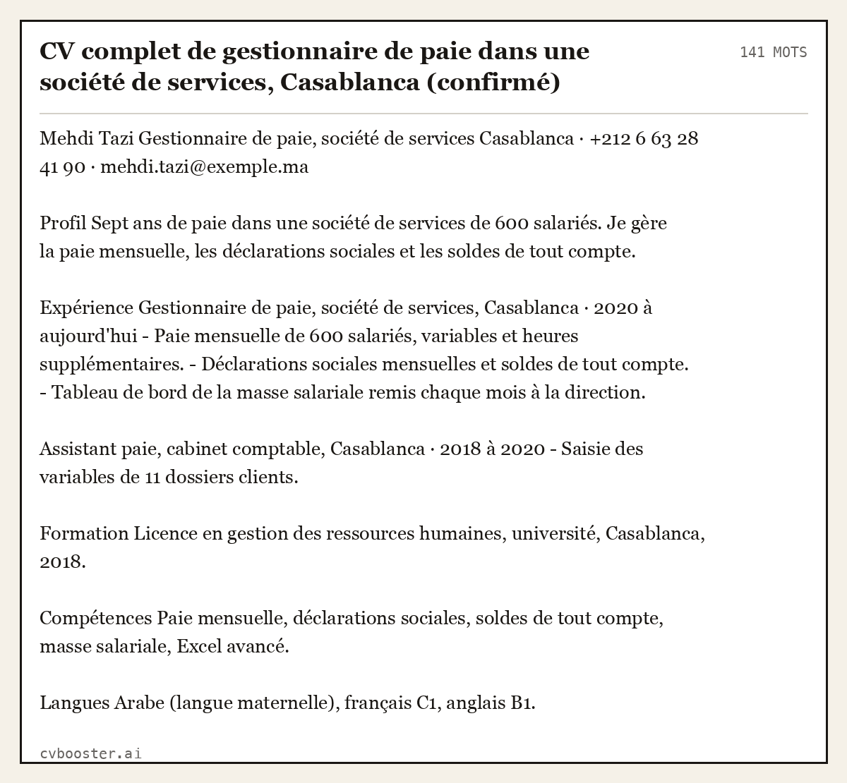 Exemple complet: CV complet de gestionnaire de paie dans une société de services, Casablanca (confirmé), 141 mots