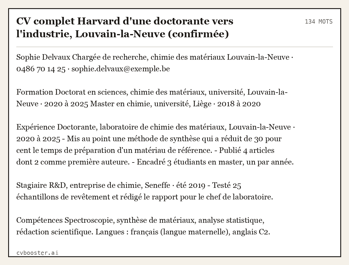 Exemple complet: CV complet Harvard d'une doctorante vers l'industrie, Louvain-la-Neuve (confirmée), 134 mots