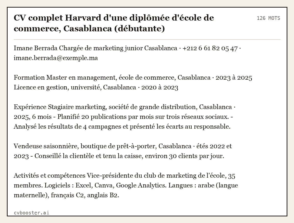 Exemple complet: CV complet Harvard d'une diplômée d'école de commerce, Casablanca (débutante), 126 mots