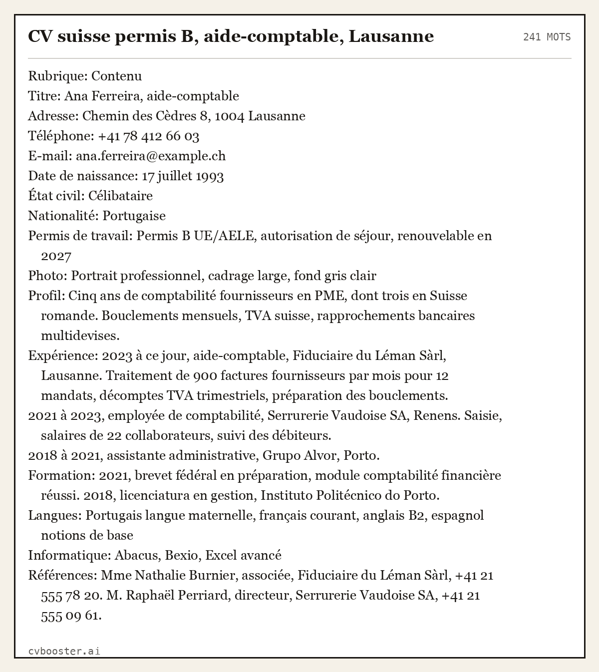 Exemple complet: CV suisse permis B, aide-comptable, Lausanne, 241 mots