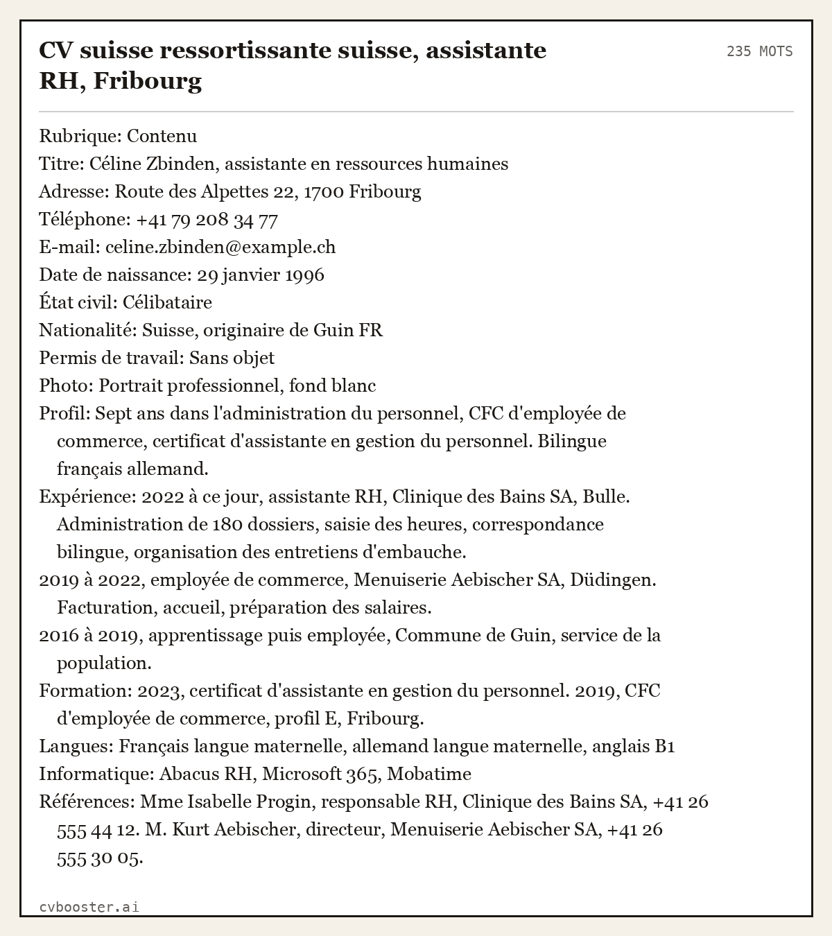 Exemple complet: CV suisse ressortissante suisse, assistante RH, Fribourg, 235 mots