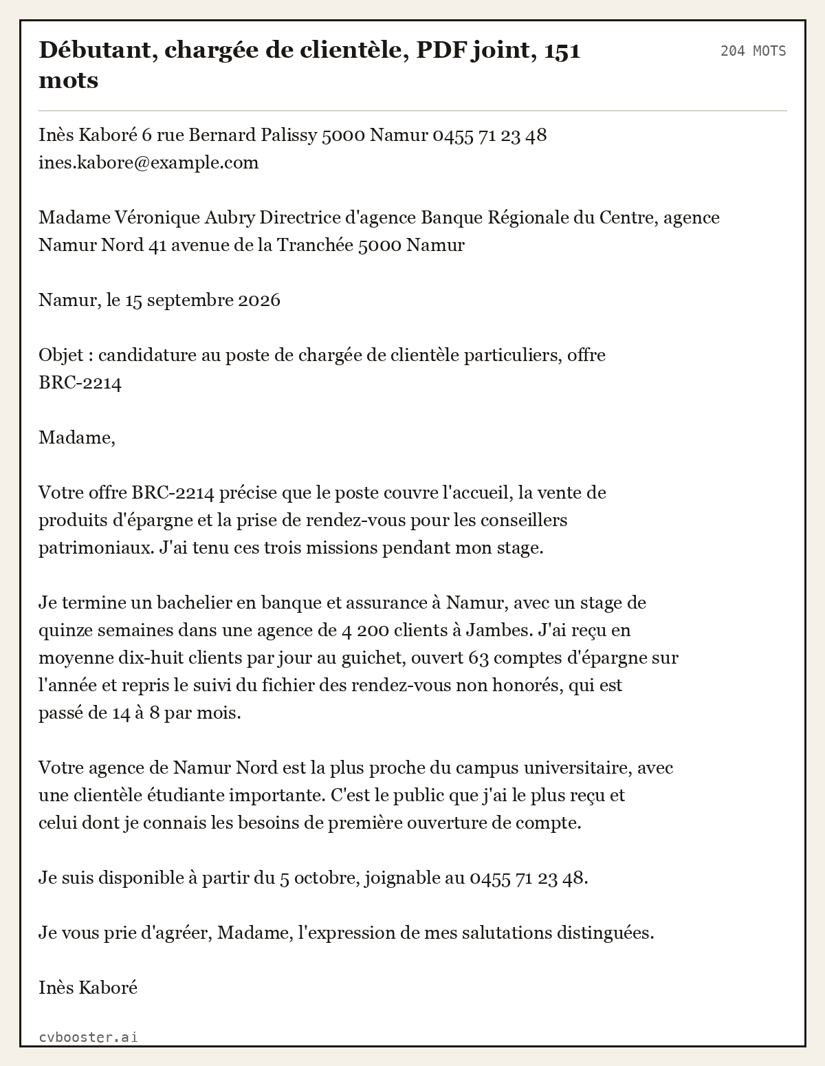 Exemple complet: Débutant, chargée de clientèle, PDF joint, 204 mots