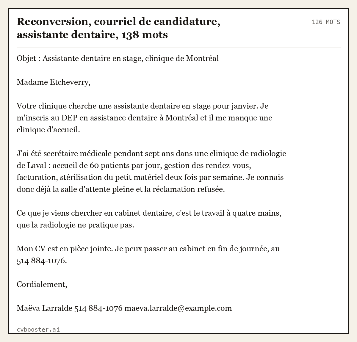 Exemple complet: Reconversion, courriel de candidature, assistante dentaire, 138 mots, 126 mots