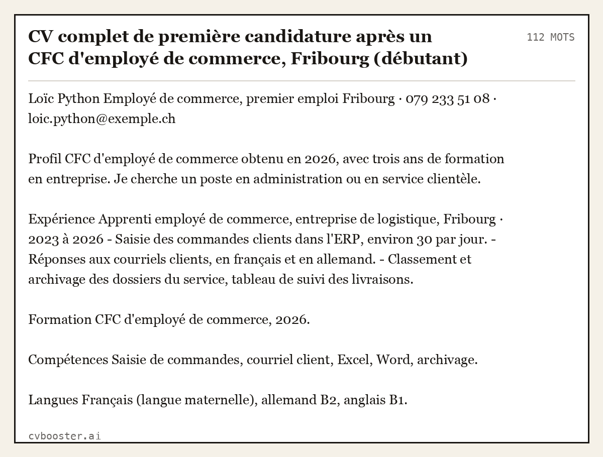 Exemple complet: CV complet de première candidature après un CFC d'employé de commerce, Fribourg (débutant), 112 mots
