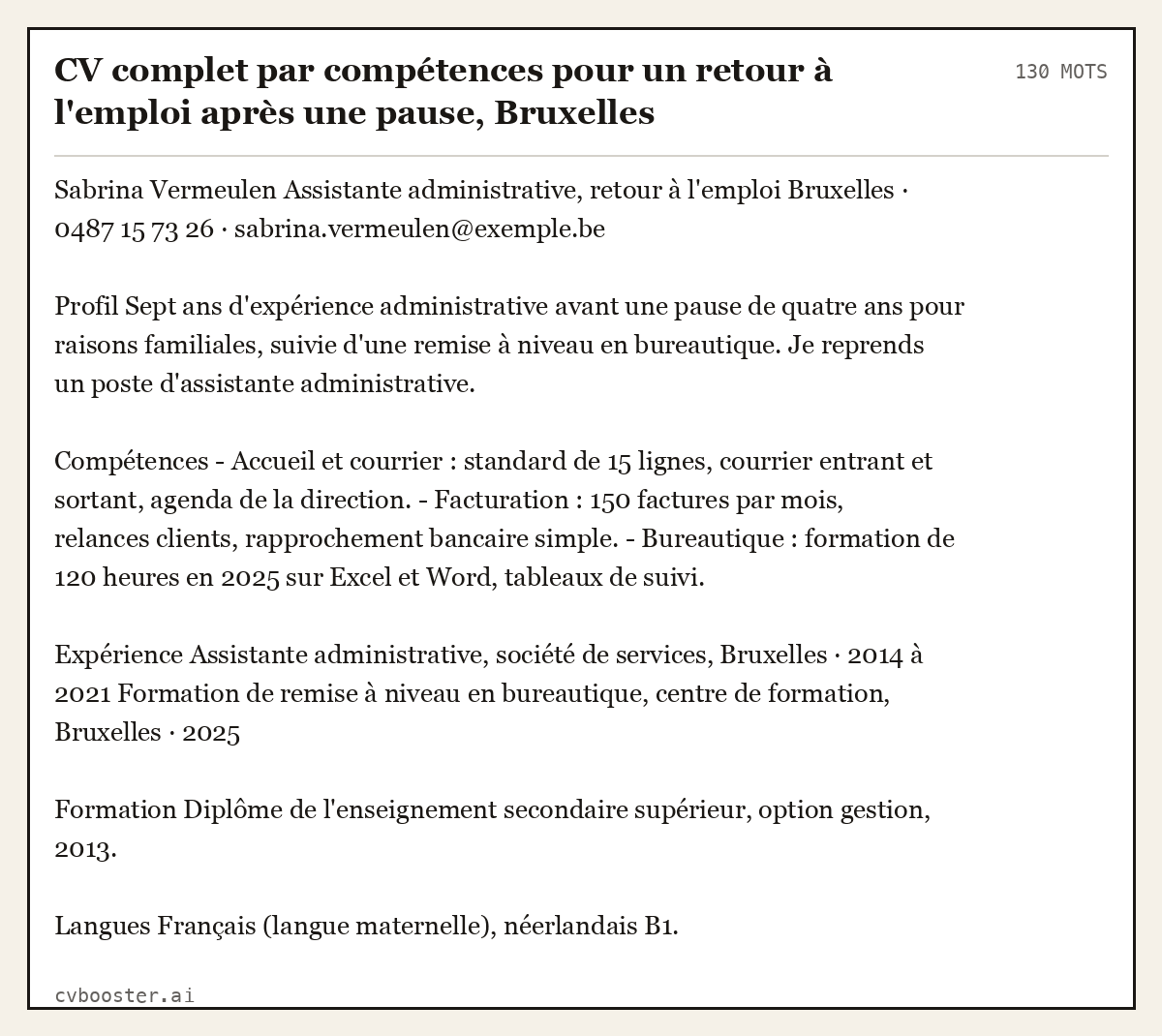 Exemple complet: CV complet par compétences pour un retour à l'emploi après une pause, Bruxelles (reconversion), 130 mots