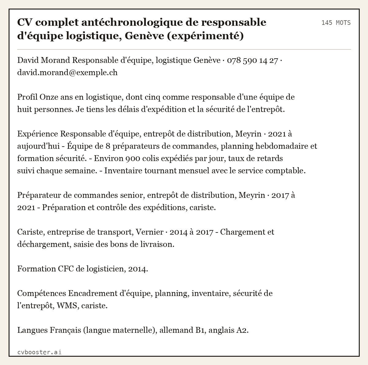 Exemple complet: CV complet antéchronologique de responsable d'équipe logistique, Genève (expérimenté), 145 mots