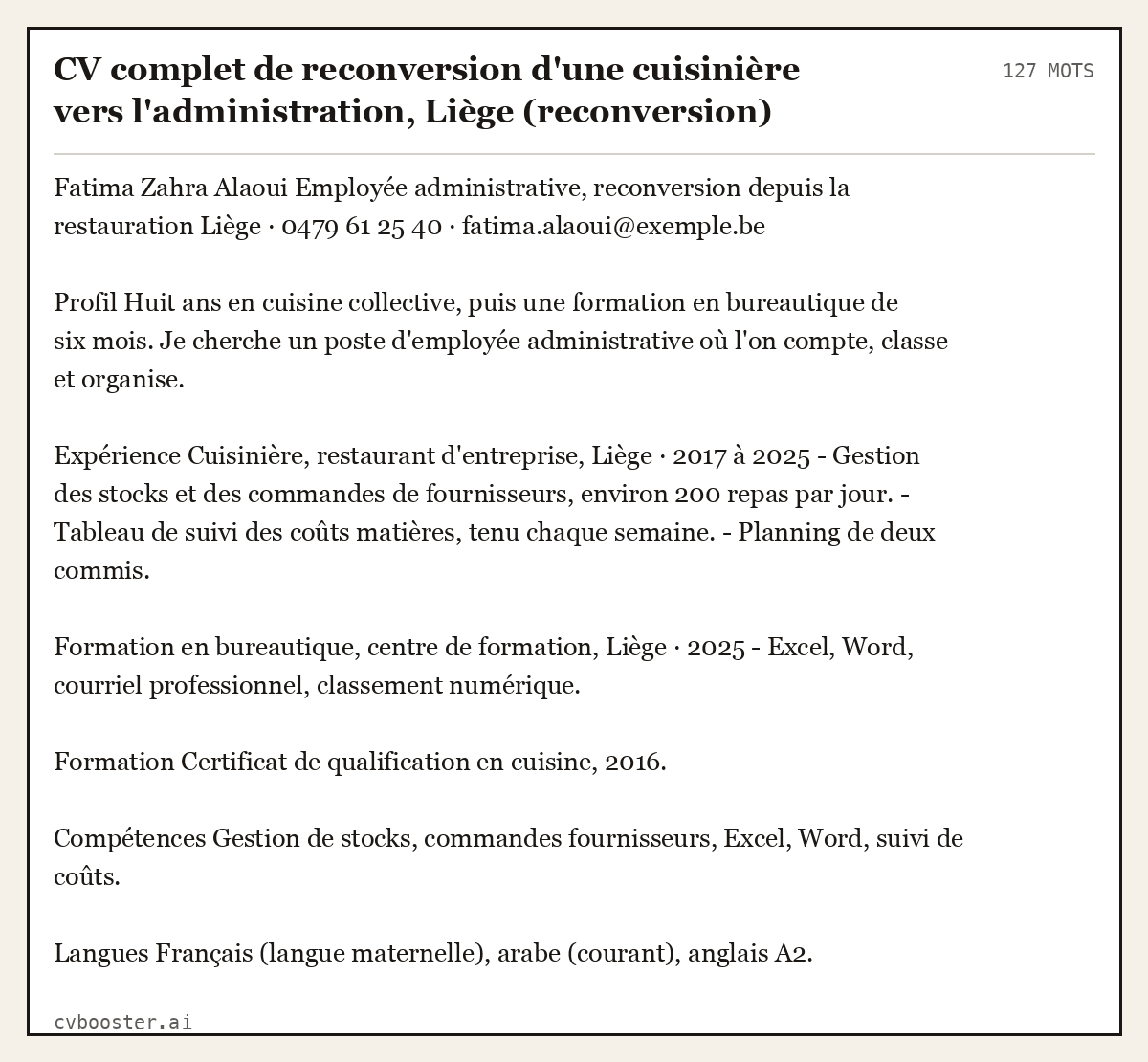 Exemple complet: CV complet de reconversion d'une cuisinière vers l'administration, Liège (reconversion), 127 mots