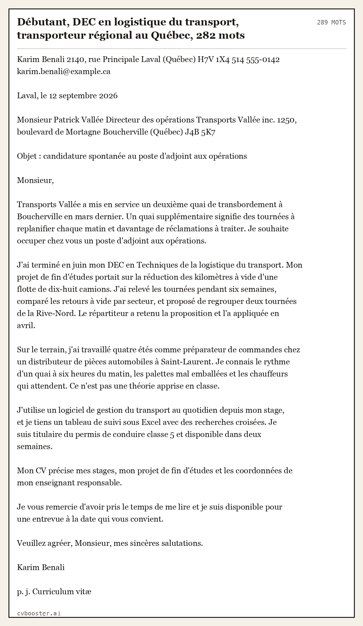 Exemple complet: Débutant, DEC en logistique du transport, transporteur régional au Québec, 282 mots, 289 mots