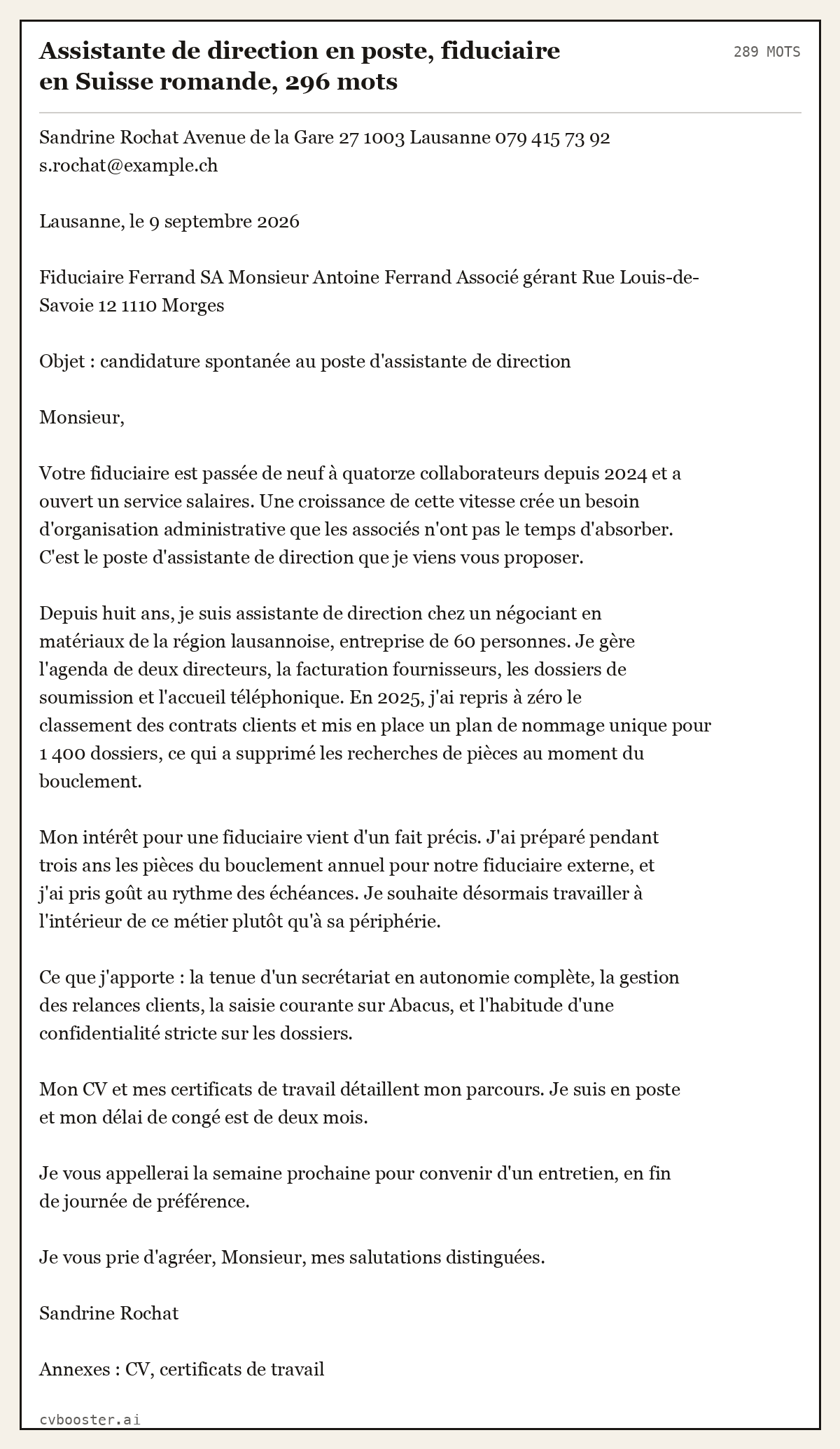 Exemple complet: Assistante de direction en poste, fiduciaire en Suisse romande, 296 mots, 289 mots