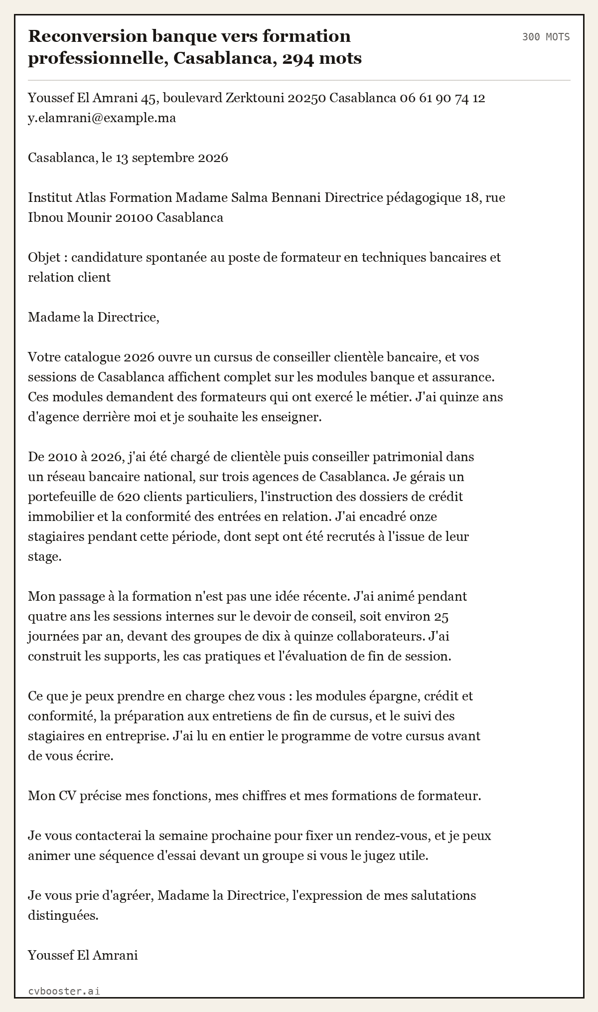 Exemple complet: Reconversion banque vers formation professionnelle, Casablanca, 294 mots, 300 mots