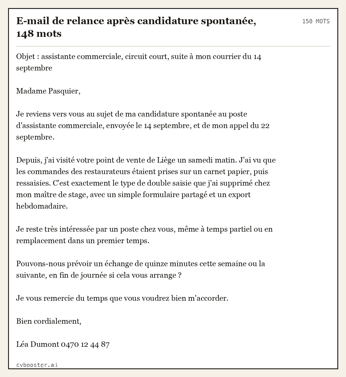 Exemple complet: E-mail de relance après candidature spontanée, 148 mots, 150 mots