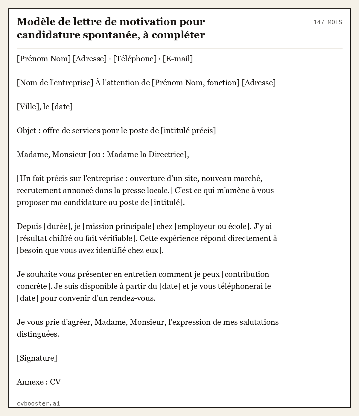 Exemple complet: Modèle de lettre de motivation pour candidature spontanée, à compléter, 147 mots