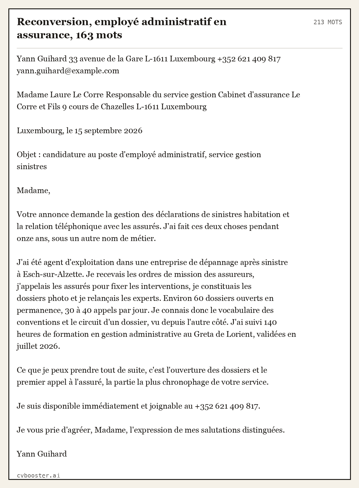 Exemple complet: Reconversion, employé administratif en assurance, 213 mots