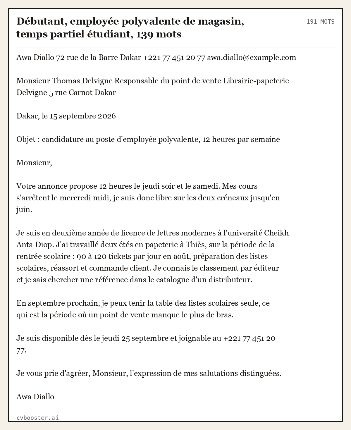 Exemple complet: Débutant, employée polyvalente de magasin, temps partiel étudiant, 191 mots