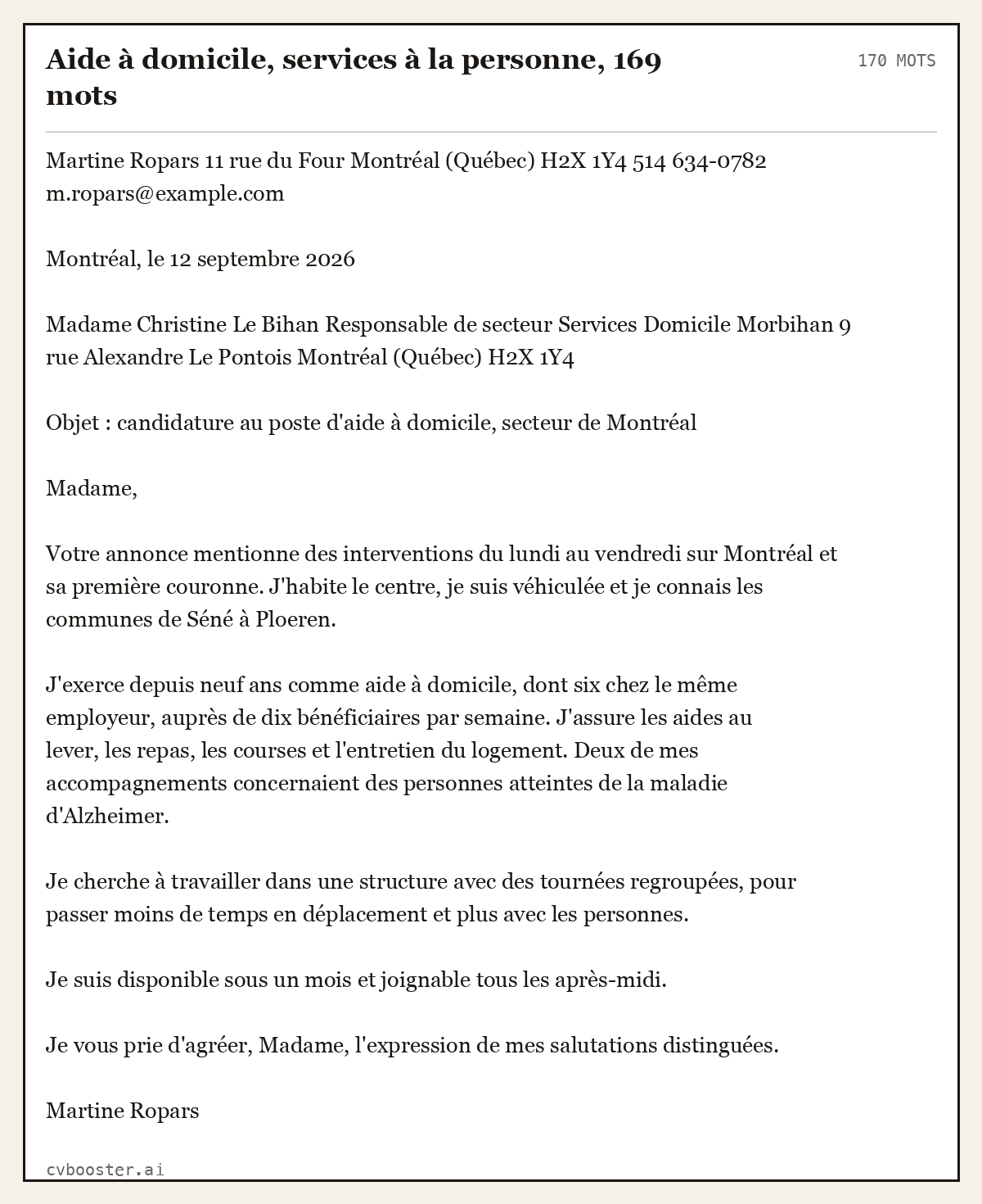 Exemple complet: Aide à domicile, services à la personne, 169 mots, 170 mots