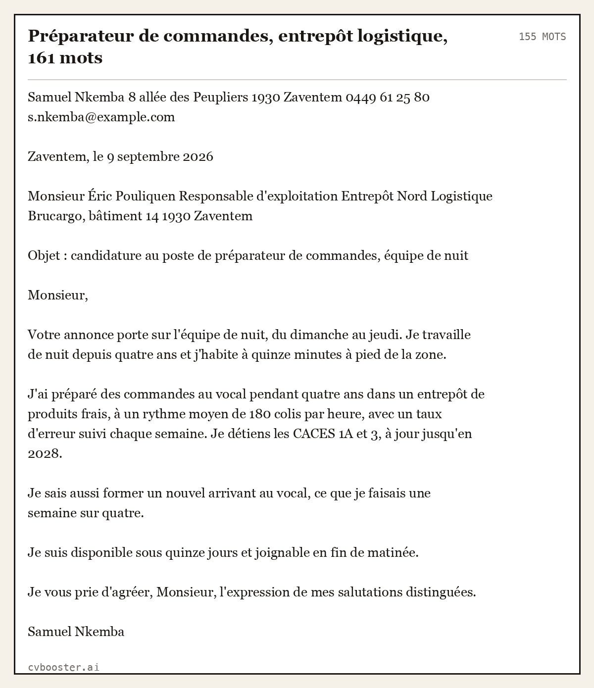 Exemple complet: Préparateur de commandes, entrepôt logistique, 161 mots, 155 mots